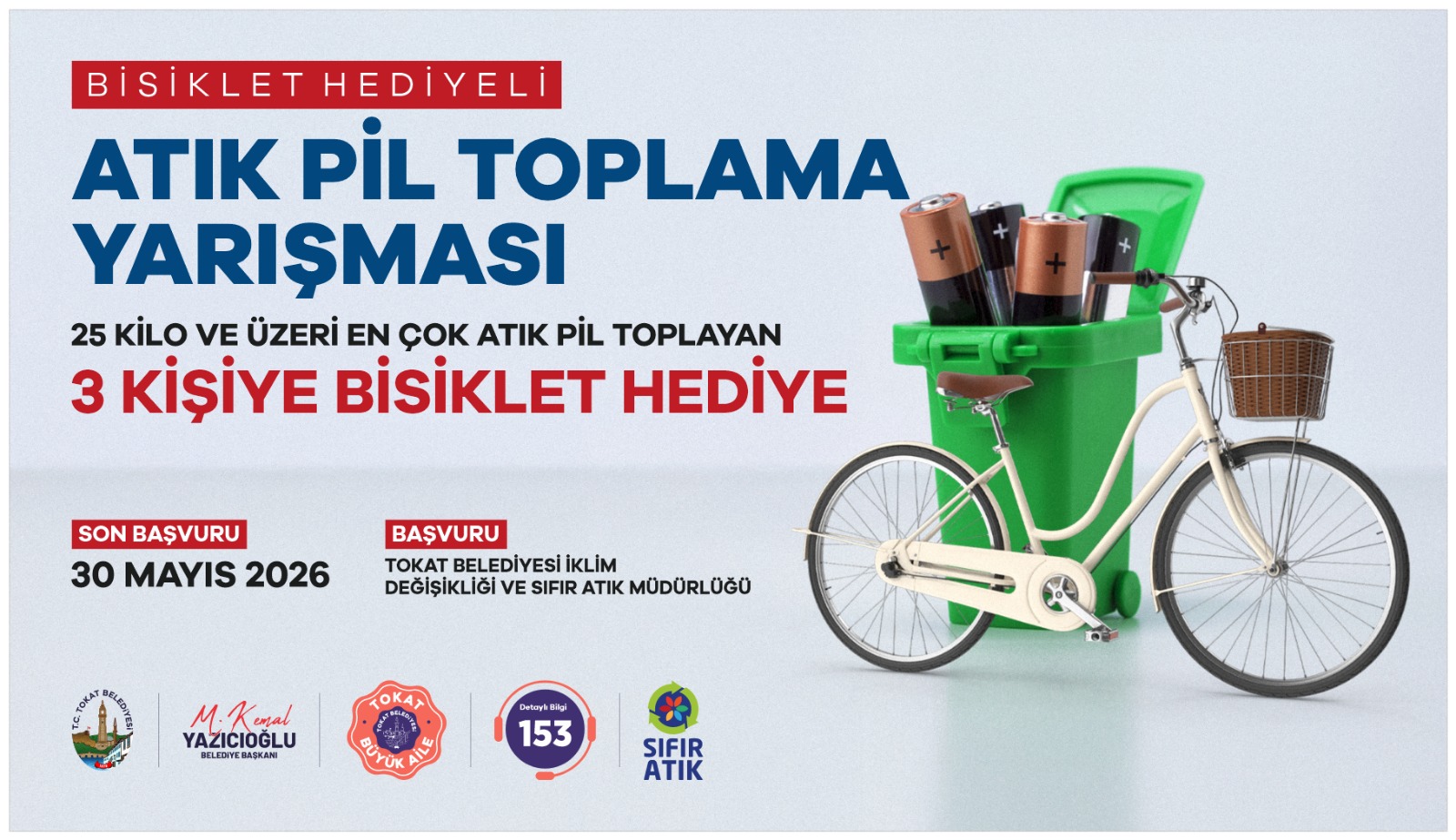 TOKAT BELEDİYESİ’NDEN BİSİKLET HEDİYELİ ATIK PİL TOPLAMA YARIŞMASI